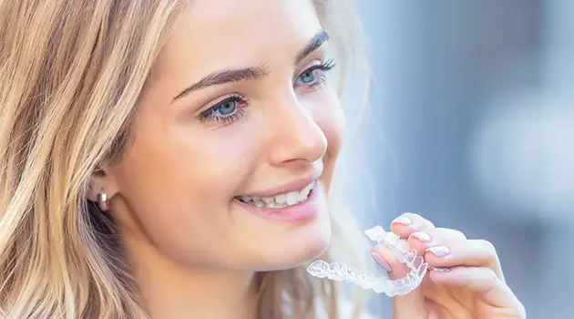 young teenage girl holding Invisalign correction liners